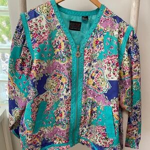 Vintage Mureli Multicolor Printed Flowers Green Beaded Silk Jacket Vest Size L